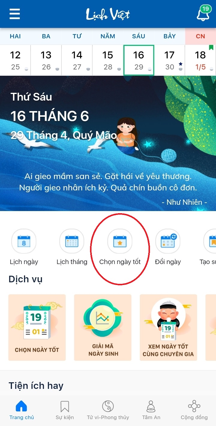 T&iacute;nh năng chọn ng&agrave;y tốt tr&ecirc;n ứng dụng Lịch Việt