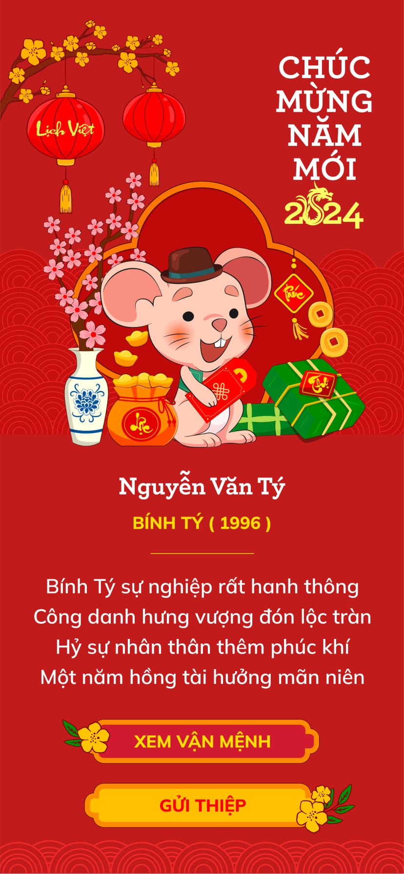Mẫu thiệp chúc Tết tạo trên ứng dụng Lịch Việt