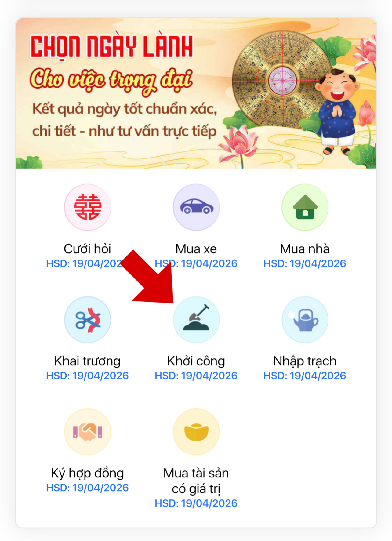 T&iacute;nh năng xem ng&agrave;y khởi c&ocirc;ng